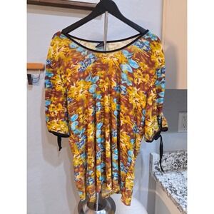 Jonathan Martin Floral Tunic Plus Size 2X Brown Yellow Blue Tie Sleeve Blouse